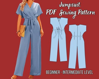 Overall Schnittmuster, Gürtel, Hose mit weitem Bein, Wickelfront, XS-4XL, Instant Download, Casual Wear, Frauenkleidung, Schmetterlingsärmel