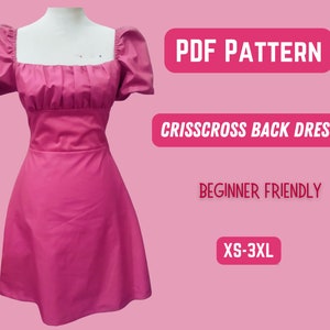 Peut inclure: Une robe rose avec un décolleté carré et des manches bouffantes. La robe a un dos croisé et est facile à réaliser pour les débutants. Le patron est disponible dans les tailles XS-3XL. PDF PATTERN CRISSCROSS BACK DRESS BEGINNER FRIENDLY XS-3XL