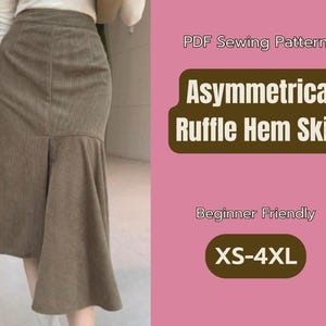 May include: A PDF sewing pattern for an asymmetrical ruffle hem skirt. The pattern is beginner friendly and available in sizes XS-4XL.