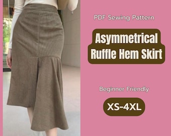 Skirt Pattern: Ruffle Hem Asymmetrical ,Midi Lenght Un Even, XS-4XL PDF Pattern A4,