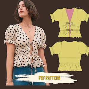Peplum Blouse Sewing Pattern: Flounce Hem, XS-4XL (PDF Pattern), Puff Sleeve, V neck Top, Tie front