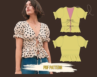Peplum Blouse Sewing Pattern: Flounce Hem, XS-4XL (PDF Pattern), Puff Sleeve, V neck Top, Tie front
