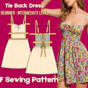 May include: A digital sewing pattern for a tie-back dress. The pattern is for a beginner to intermediate level sewer. The dress has a fitted bodice and a flowy skirt. The back of the dress has a tie closure. The pattern is available as a PDF download. "Tie Back Dress" and "PDF Sewing Pattern" are written on the image.