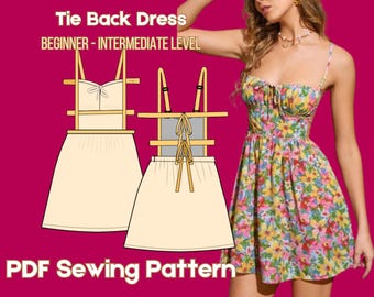 Backless Dress Sewing Pattern: Midi Length, Ruched Front, Flounce Skirt  PDF Pattern XXS-4XL Size, Tie back, Festival party dress