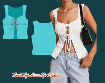 Sleeveless Blouse Pattern, front tie , PDF Template XS-4XL, Trendy top, open front