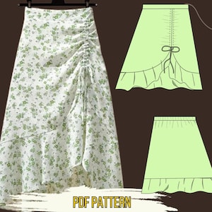 May include: A white skirt with a small green floral print, featuring a side drawstring detail and a ruffled hem. The image includes two light green technical line drawings showing the skirt construction and the text PDF PATTERN.