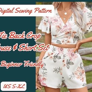 Patrón de costura de blusa, manga mariposa, patrón corto, terno de mujer, plantilla para principiantes, PDF elástico XS-XL
