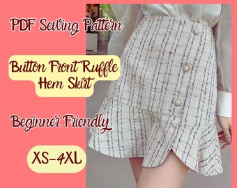 Skirt Sewing Pattern, Ruffle Hem, Button Front, PDF Xs-4XL, Casual DIY, Aline Mini Skirt