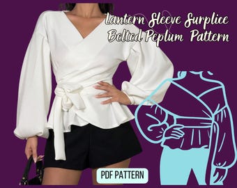 Peplum Hem Blouse Sewing Pattern, Wrap Top,Off The Shoulder, Lantern Sleeve, Belted  PDF Template, XS-4XL