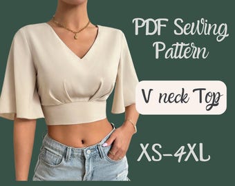 Butterfly Sleeve Blouse Sewing Pattern: Easy V-Neck Top, Tie Back, PDF XS-4xl, Crop , Flare