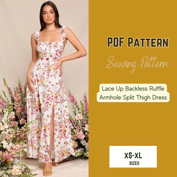 Maxi Dress Sewing Pattern, Tie back, Crisscross, Sleeveless XS-XL Woman Floral Party,  summer dress, digital pattern, beach long dress