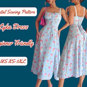 Corset Midi Dress Sewing Pattern: Flare Skirt, Side Slit (PDF Pattern XS-3XL)