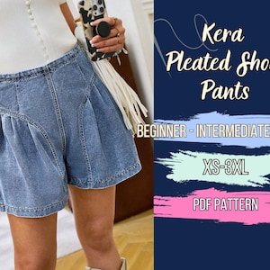 Puede incluir: Pantalones cortos plisados de mezclilla azul claro. La imagen incluye el texto "Kera Pleated Short Pants", "Beginner - Intermediate Level", "XS-3XL" y "PDF Pattern".