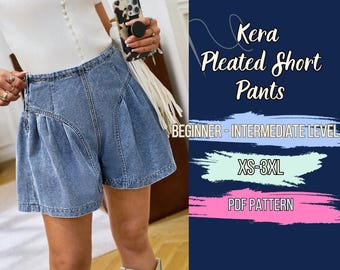 Pleated Ruffled High Waist Women, Denim Shorts Pattern, XS-3XL,  PDF Template