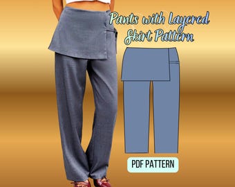 Layered Skirt Pants Sewing Pattern, Side Tie Trouser (PDF XS-XL)