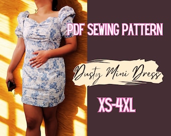 Sweetheart Neck Mini Dress Sewing Pattern, XS-4XL (PDF Template)