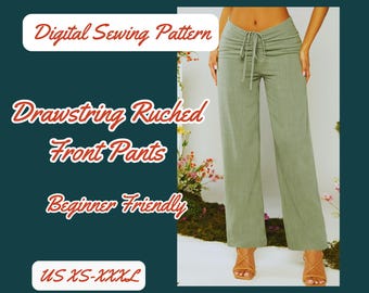 Woman Pants Sewing Pattern, Ruched Front, Relaxed Fit Trousers, PDF Digital XS-XXL, Straight legs
