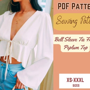 May include: PDF sewing pattern for a white bell sleeve tie front peplum top. The pattern includes sizes XS-XXXL.  "PDF PATTERN Sewing Pattern Bell Sleeve Tie Front Peplum Top XS-XXXL SIZES"