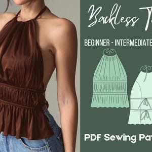 Peut inclure: Haut dos nu marron avec un volant et un corsage froncé. L'image comprend le texte "Backless Top" et "PDF Sewing Pattern". Le patron est pour débutant à intermédiaire.
