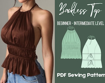 Backless Top Sewing Pattern, Halter Neck, PDF Template, XS-4XL, Pleated Ruched Front Top, Tie Strap