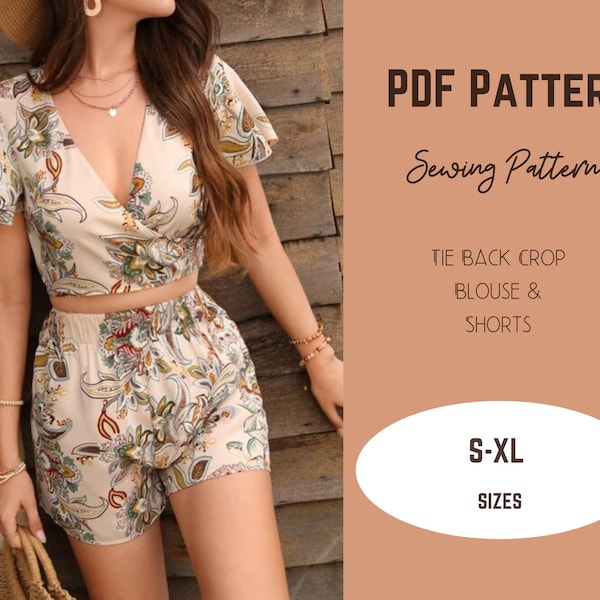 Elastic short, crop top sewing pattern, Tie Front Top short set  flare sleeve PDF Pattern S-3XL, beach short, summer easy to sew terno