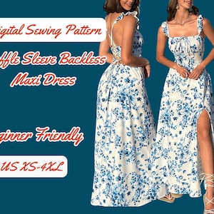 Backless Maxi Dress Sewing Pattern: Ruffle Sleeve, Tie Back (PDF Pattern XS-4XL)