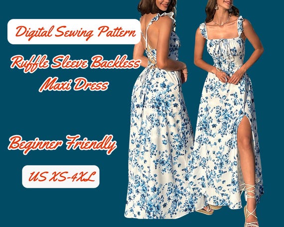 Tie Back Dress Sewing Pattern: Ruffle Sleeve, Maxi, Crisscross Back, Long  Shirr Skirt With Side Slit, (PDF Pattern XS-4XL) - Etsy
