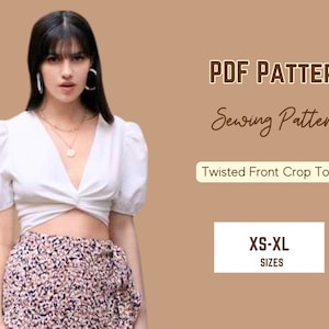 Twist Front Top Sewing Pattern, PDF XS-XXXL, Blouse crop top, Woman Template, Puff Sleeve