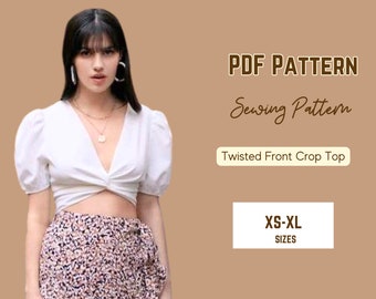 Twist Front Top Sewing Pattern, PDF XS-XXXL, Blouse crop top, Woman Template, Puff Sleeve, Side Zipper, V neck