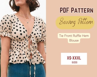 Tie Front Blouse Sewing Pattern PDF XS-XXXL , Woman Teen Top Flounce Hem plunge neck drawstring front