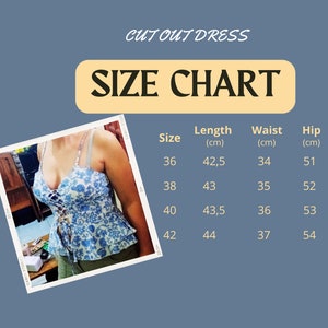 May include: Size chart for a cutout dress with measurements in centimeters for length, waist, and hip. The chart shows sizes 36, 38, 40, and 42.
