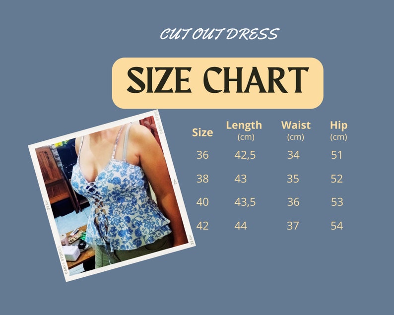 May include: Size chart for a cutout dress with measurements in centimeters for length, waist, and hip. The chart shows sizes 36, 38, 40, and 42.