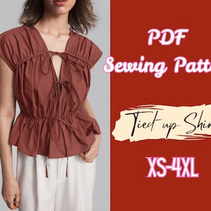 Tie Front Blouse Sewing Pattern: Ruched Flare Hem Top, Casual Wear (A4/A0 Printable Pattern)