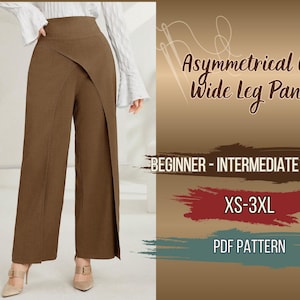 May include: Brown asymmetrical cut wide-leg pants. The pants have a high waist and a unique wrap-style design. The image also includes text that reads "Asymmetrical Cut Wide Leg Pants", "BEGINNER - INTERMEDIATE LEVEL", "XS-3XL", and "PDF PATTERN".