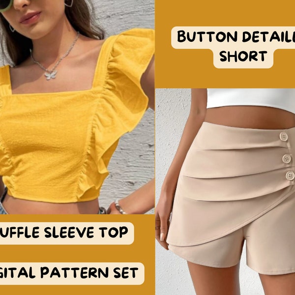 Tie back Digital pattern Ruffle sleeve, button detail short pants, sewing pattern set summer wear,diy streetwear PDF pattern