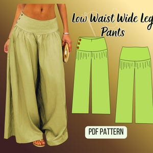 Può includere: Pantaloni verde oliva a gamba larga e vita bassa. I pantaloni hanno una cintura plissettata con dettagli di bottoni. L'immagine mostra anche un diagramma dei pantaloni e il testo "PDF PATTERN".