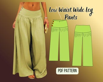 Low Waist Wide Leg Pants Pattern, Flowy Casual Trouser, PDF , XS-3XL, Woman Pants Sewing Pattern, Button, Zipper , Cullotes