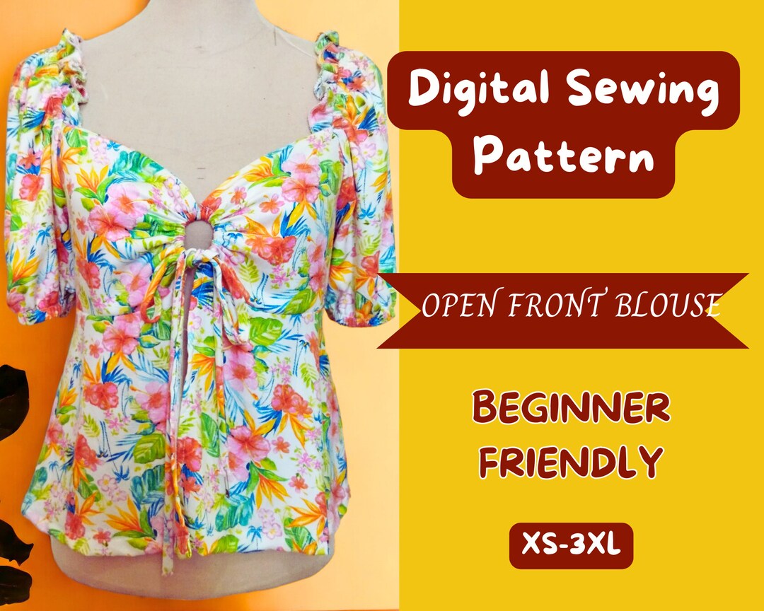 Front Tie Blouse Sewing Pattern, Puff Sleeve Front Tie Shirt, XS-3XL ...