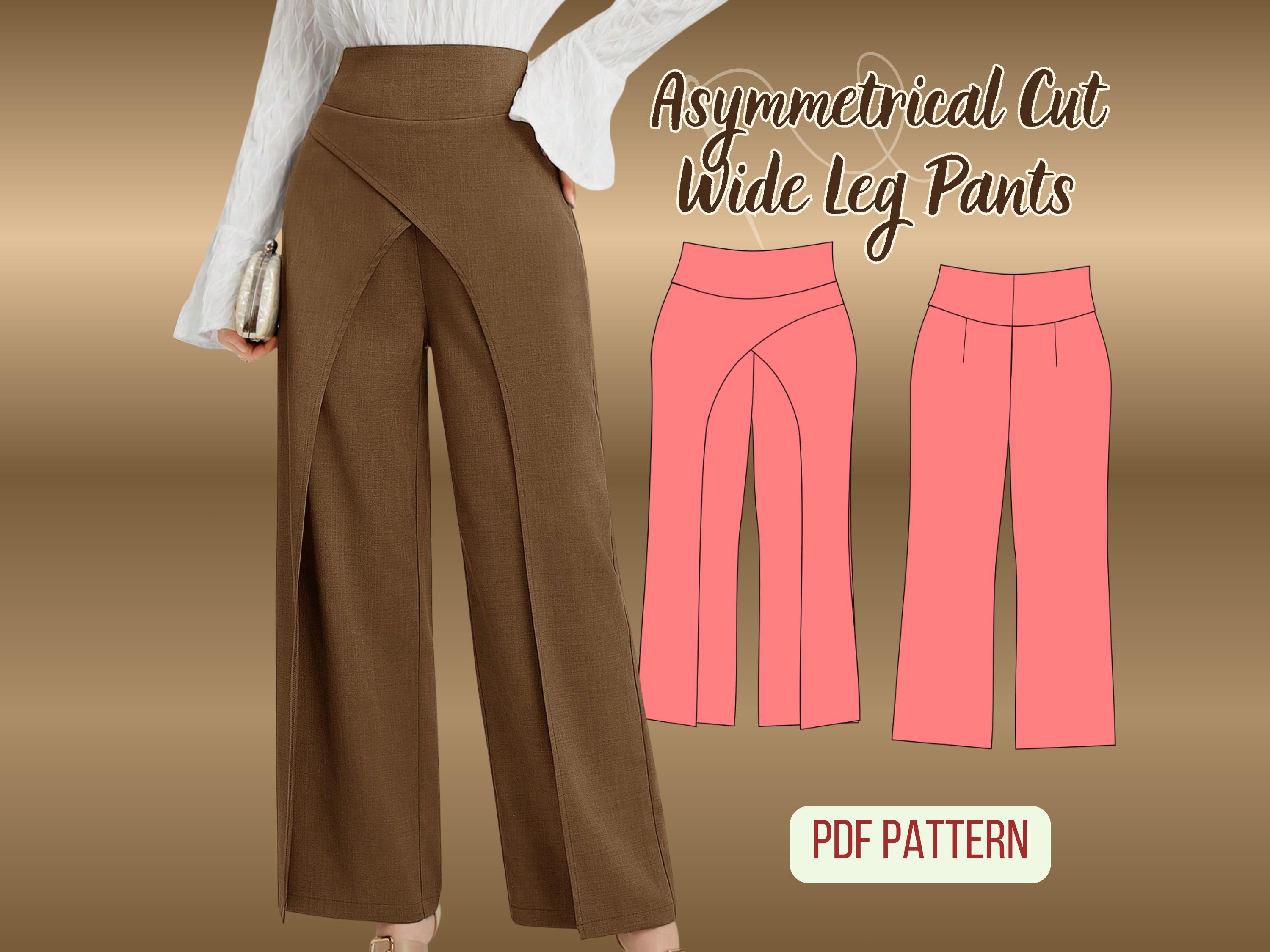 Wrap Pants Sewing Pattern, Asymmetrical Cut Wide Leg, PDF Template