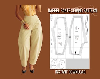 Barrel Pants Sewing Pattern, High Waist Trouser, Side Zipper, PDF Woman Bottom Template