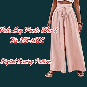 Pode incluir: Um padrão de costura digital para calças de perna larga com cintura amarrada. O padrão está disponível nos tamanhos XS-3XL. A imagem mostra uma modelo usando as calças na cor rosa claro.
