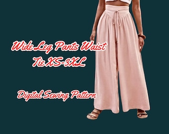 Wide Leg Palazzo Pants Sewing Pattern: High Waist, Ruched Tie Front, Loose Trouser (PDF Pattern, XS-3XL)