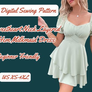 Può includere: Modello di cucito digitale per un abito da latte con scollo a cuore e orlo a strati. L'abito è verde chiaro e ha una gonna a strati. Il modello è adatto ai principianti ed è disponibile nelle taglie XS-4XL.