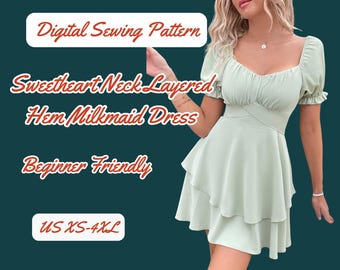 Dress Sewing Pattern, Double layer Skirt, PDF, Tie Back Puff, Sleeve XS-4XL Party Dress Easy to sew, Sweetheart Neck Dress,  Template Dress