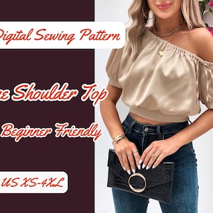 Damesblouse één schouder naaipatroon pofmouw crop top pdf xs-4xl digitaal bestand, casual, gemakkelijk te naaien sjabloon