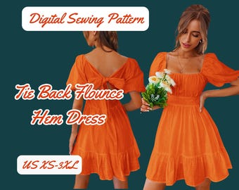 Tie back Dress Sewing Pattern, Mini Dress Puff sleev,  xs-4xl, Cottagecore, Short Dress Open Back, Flounce Hem, Babydoll