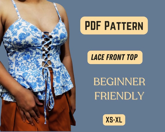 Tie Front Top Sewing Pattern, V neck, Cami Blouse, XS-XL, Summer Diy clothes, Peplum hem, pdf Template, easy to sew, corset