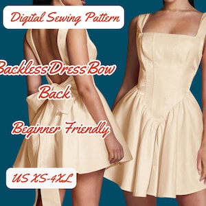 Könnte beinhalten: Digitales Schnittmuster für ein rückenfrei Kleid mit Schleife am Rücken. Das Kleid ist cremefarben und hat einen quadratischen Ausschnitt. Das Schnittmuster ist anfängerfreundlich und in den Größen XS-4XL erhältlich.