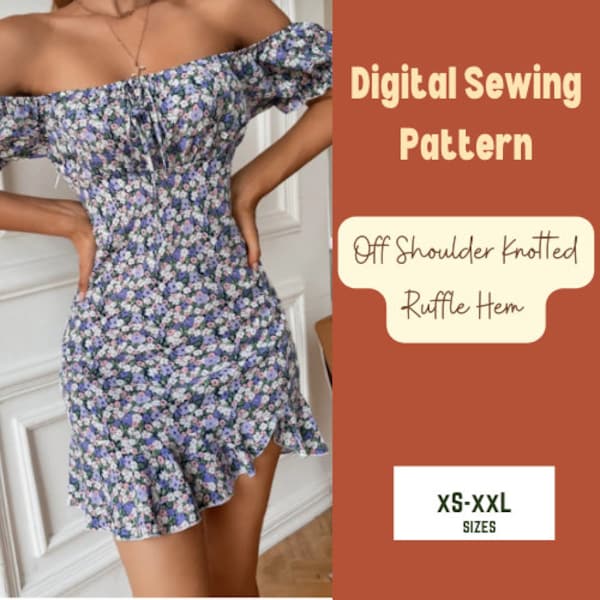 ruffle hem dress pattern knotted  Boho PDF Pattern- XS-XL woman digital,Tie Front, Short dress, Downloadable