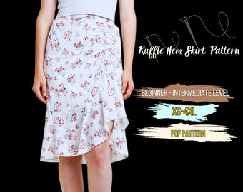 Drawstring Skirt Sewing Pattern, PDF Template,Ruffle Hem, Elastic Back A-line Pattern, XS-4XL, Asymetrical